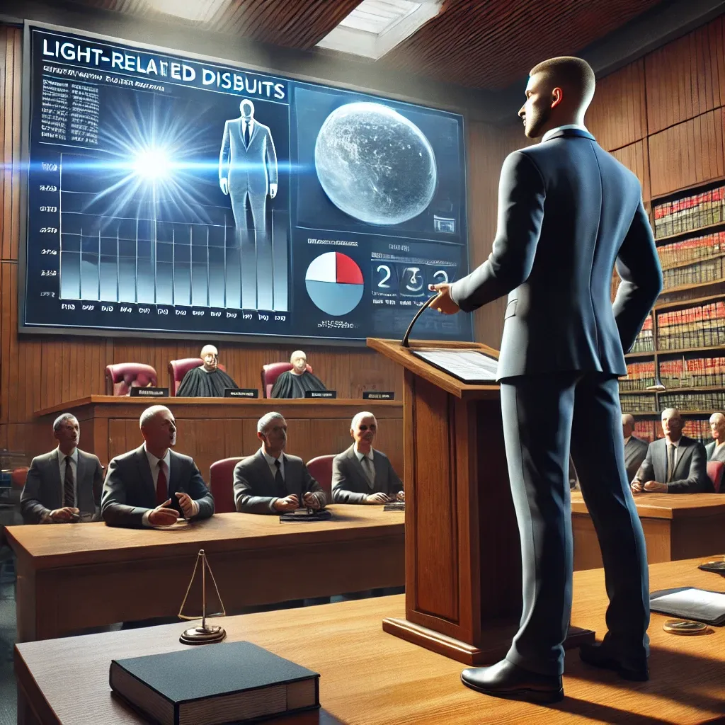 법정에서 증거를 제시하며 자신감 있게 서 있는 변호사. 