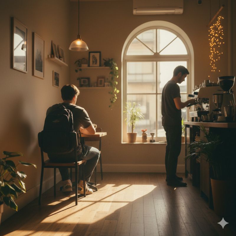 따뜻한 오후 햇살이 카페 창가로 깊게 비추고 있다. 한 손님은 배낭을 메고 앉아 편안하게 시간을 보내고 있고, 다른 쪽에서는 사장님이 정성스럽게 커피를 내리고 있다. 매장 안은 평화롭고 따뜻한 공기로 가득 차 있다.