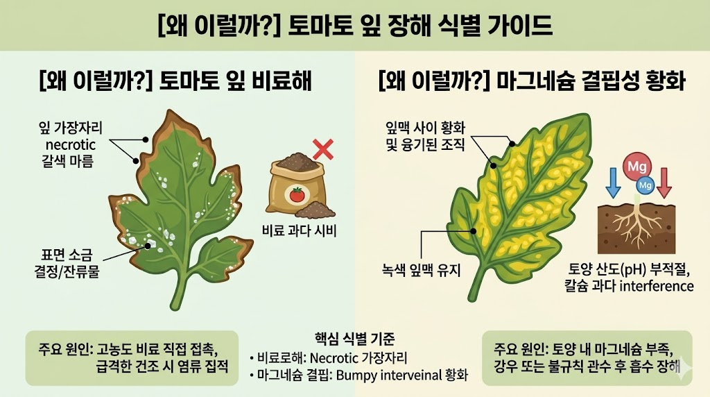 토마토 잎 가장자리가 갈색으로 타고 잎맥 사이가 노랗게 변한 비료해 및 길항작용 증상을 설명하는 인포그래픽 이미지