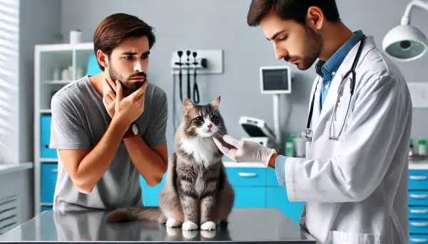 고양이 턱드름으로 동물병원을 방문한 보호자와 진료받는 고양이