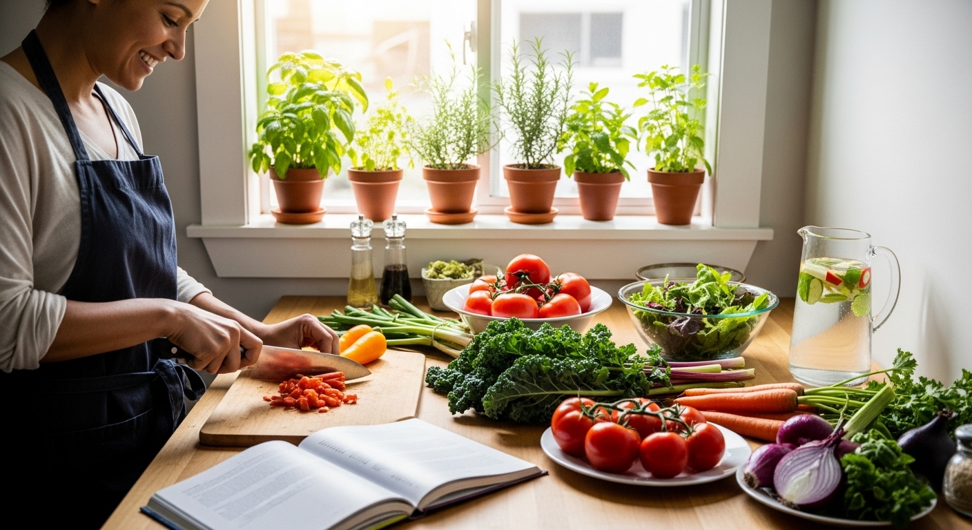 신선한 채소로 건강한 식사를 준비하고, 음식물 쓰레기를 줄이는 지속 가능한 식생활의 모습.