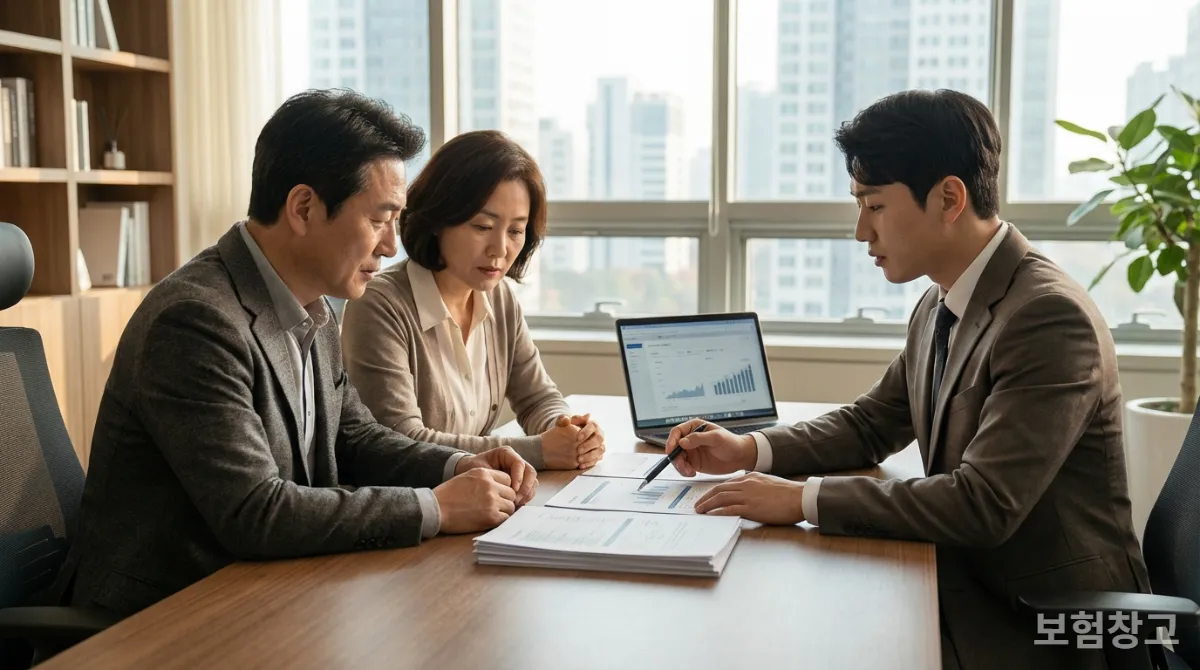 피부양자 자격 유지를 위한 소득 및 재산 관리 전략을 상담하는 한국인 부부