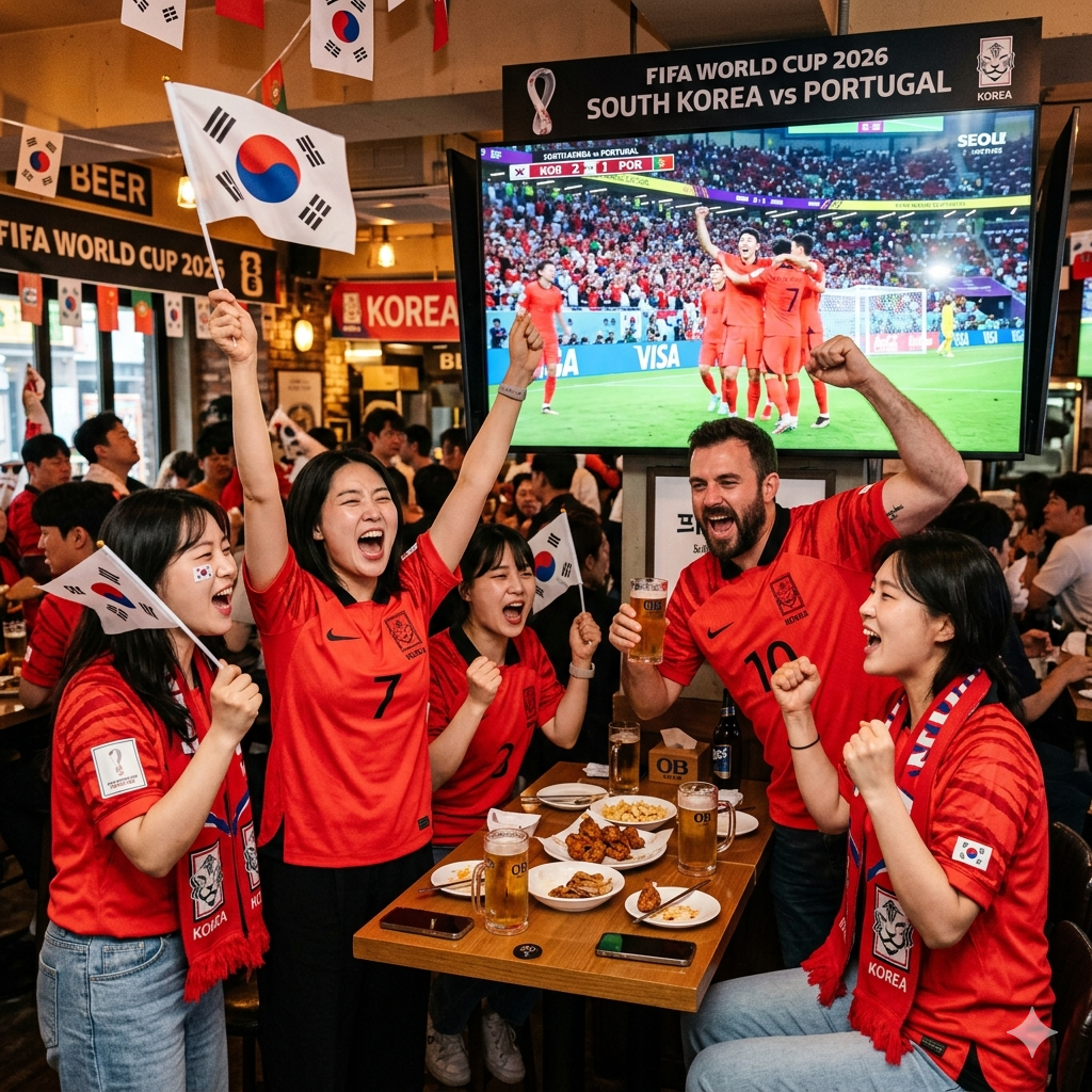 호프집에서 많은 사람들이 대형 TV로 2026 북중이월드컵을 보며 환호하는 모습