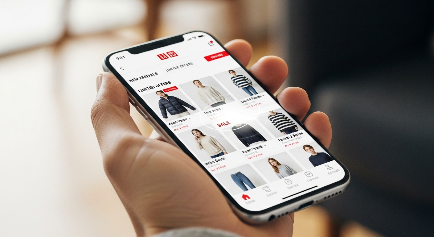 유니클로 앱이 켜진 스마트폰 화면에서, 쇼핑 전략을 짜는 모습