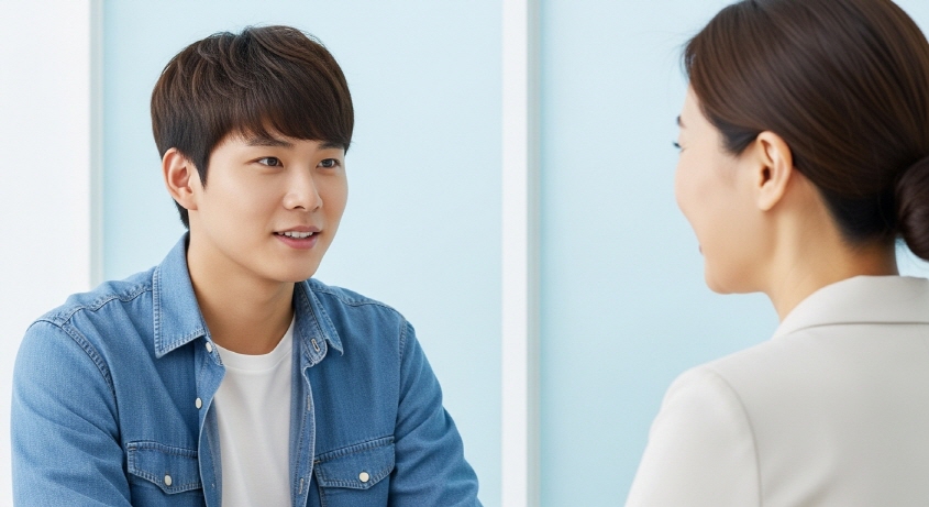 상담원과 대화하는 청년