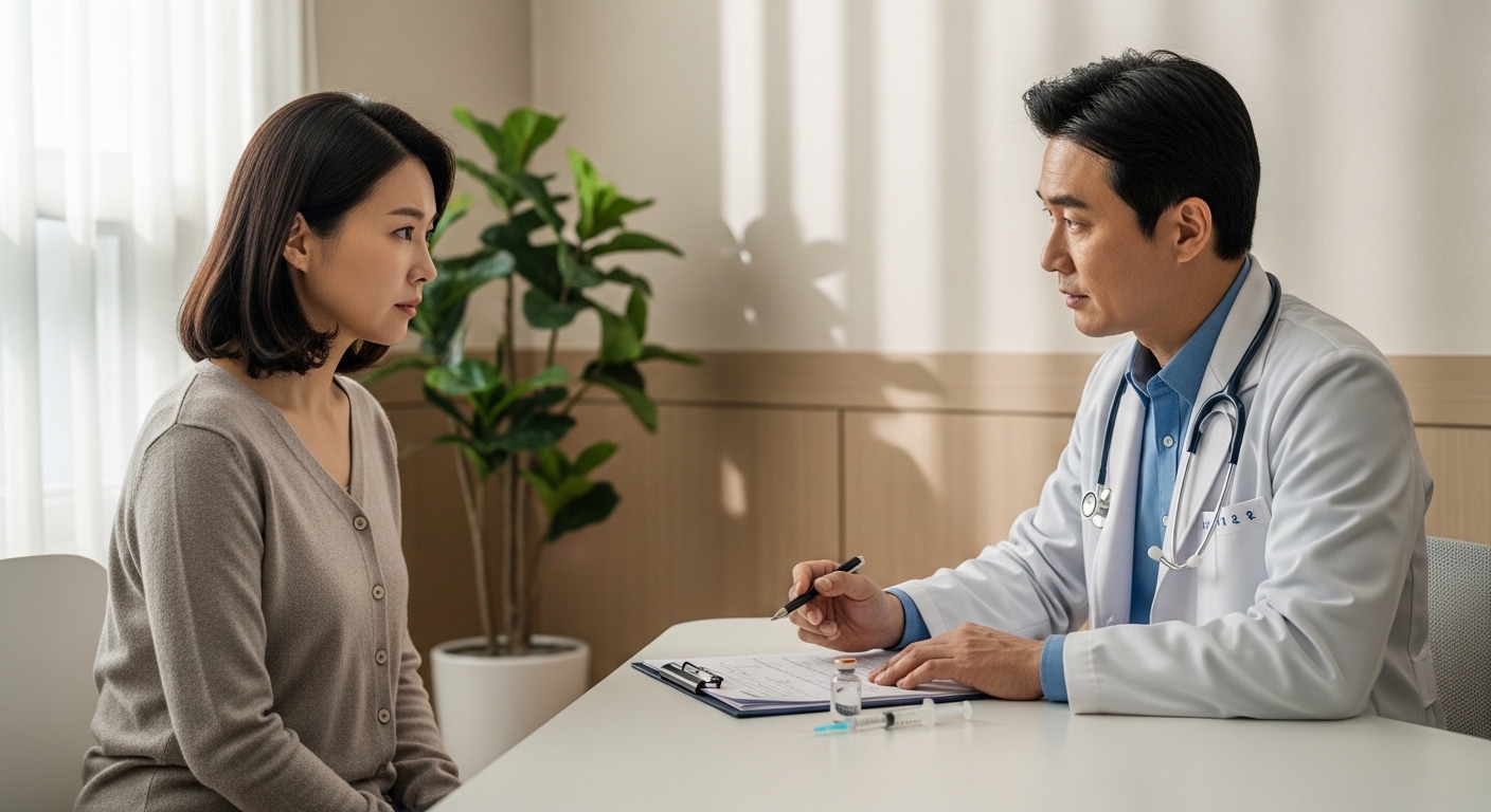 의사-손에-들린-주사와-펜-그리고-설명하는-모습-환자는-고개-끄덕이며-경청하고-있음