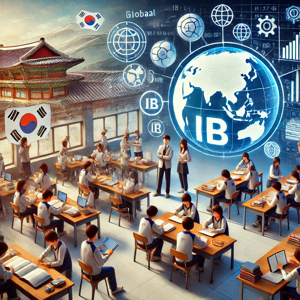 국제바칼로레아(IB) 프로그램과 한국 교육 시스템의 융합을 나타내는 이미지