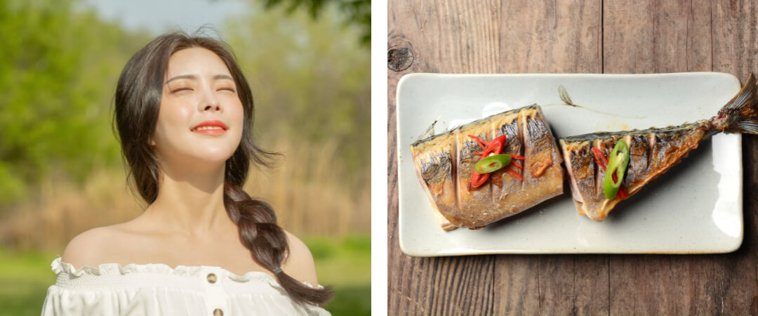 일광욕을 즐기는 여자 사진, 고등어 요리가 접시위에 담긴 사진