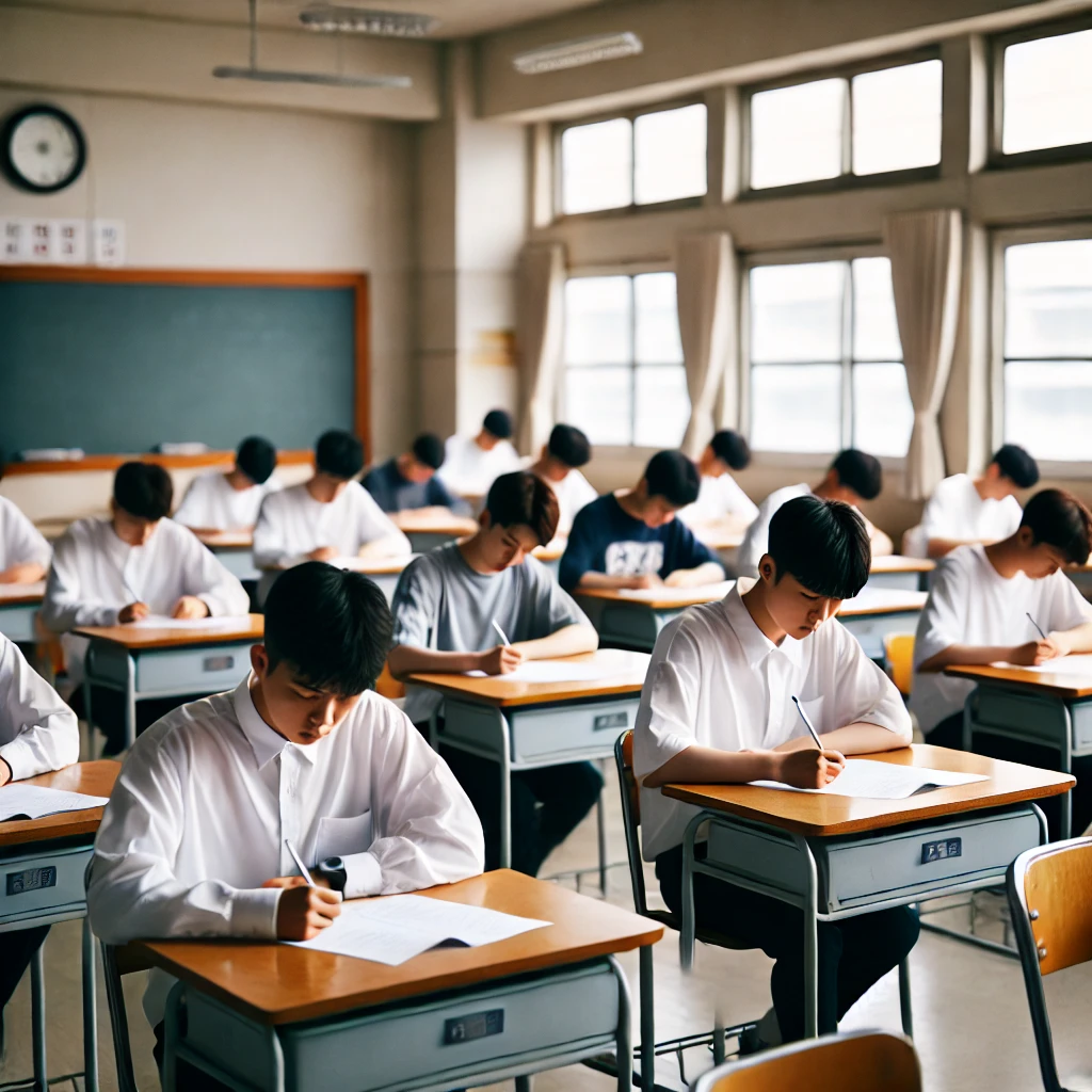 교실에서 시험을 보고 있는 고등학생들의 이미지