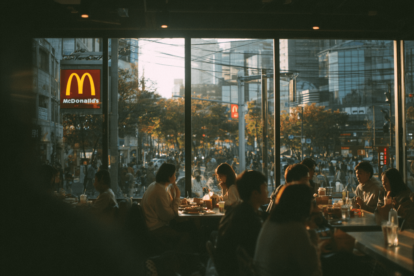 맥도날드-매장에-가득찬-사람들과-맥도날드-로고-간판-이미지