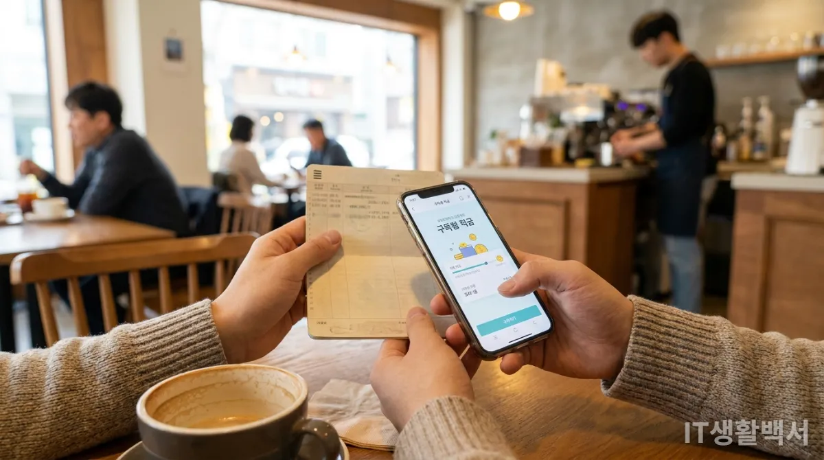 젊은 한국인 남성이 카페에서 청약통장과 스마트폰으로 청약저축 가입 기간을 확인하는 모습