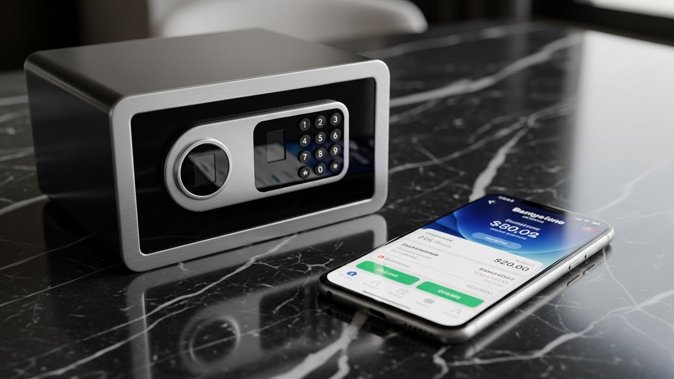 IRP의 안전 자산 투자 의무를 상징하는 현대적인 금고와 모바일 뱅킹 기기