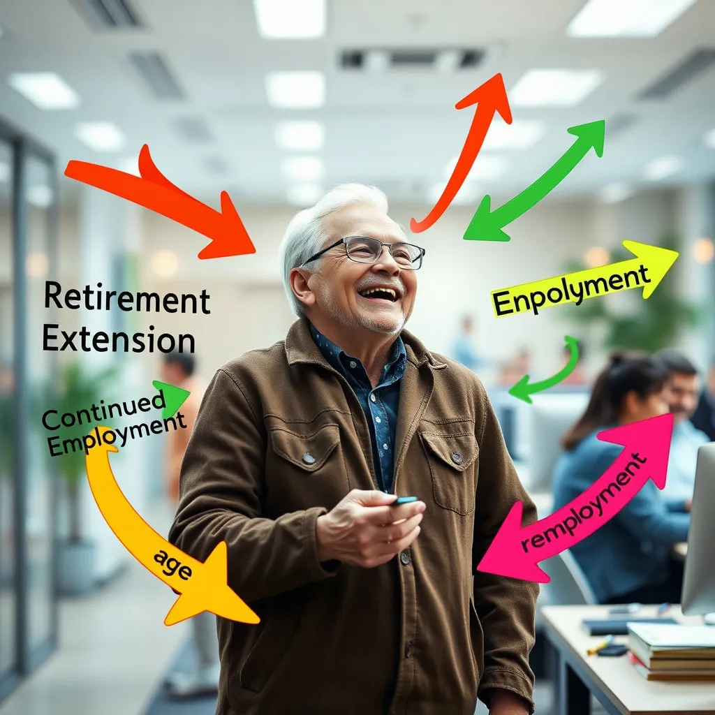 나이 든 근로자가 직장에서 즐겁게 일하고 있는 모습과 함께 '정년 연장', '계속 고용', '재고용' 등의 글자가 다양한 화살표로 연결되어 흐르는 듯한 모습.