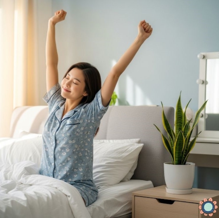 침실에서 상쾌한 아침을 맞이하며 두 팔을 위로 뻗어 스트레칭하는 여성, 침대 옆 테이블에 산세베리아가 놓여있는 모습 via canva