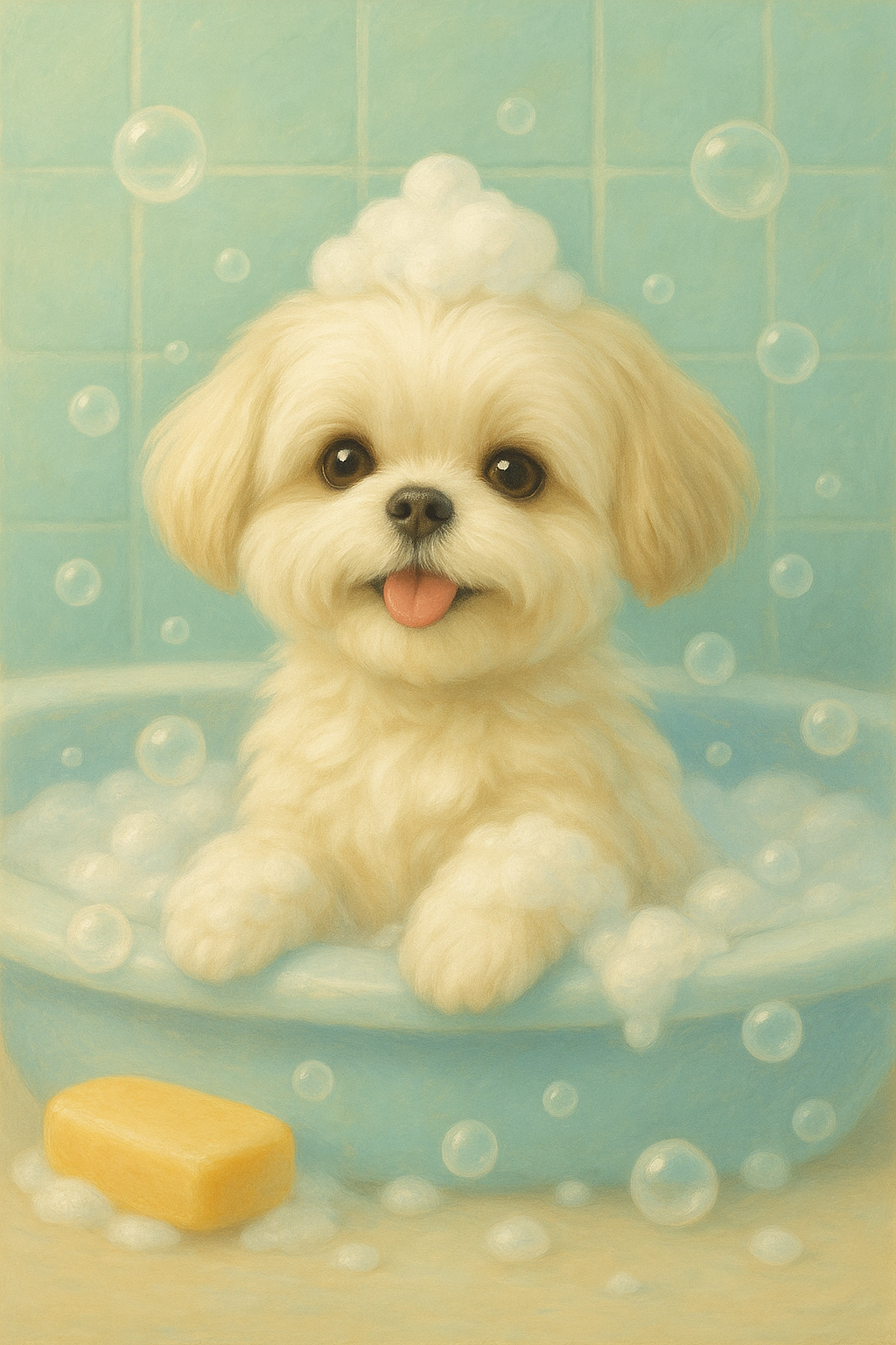 강아지가 행복한 표정으로 목욕을 하고 있는 모습 이미지