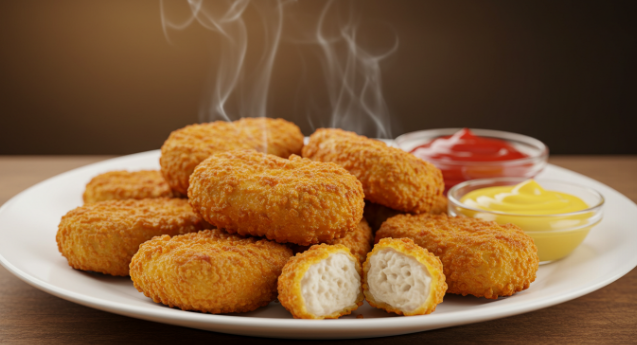 릇하고 바삭해 보이는 치킨 너겟 접시