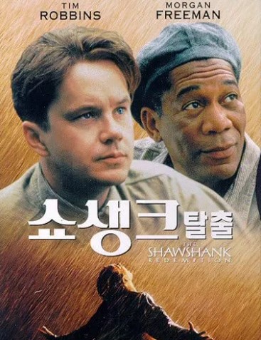 앤디와 레인이 한 곳을 응시하고 있고 그 밑에는 교도소를 막 탈옥한 뒤 비를 맞고 있는 앤디의 모습