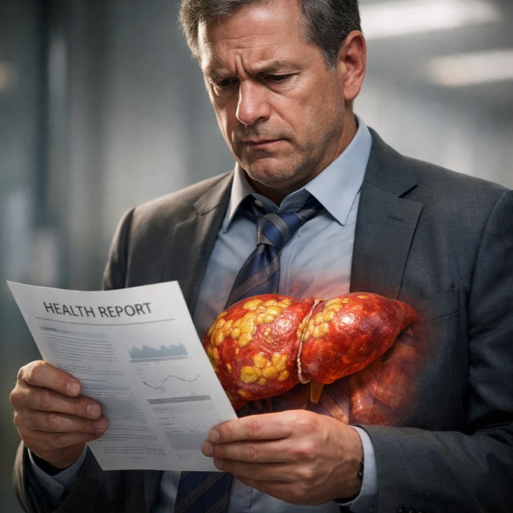 지방간이 의심되는 중년 남성이 건강검진 결과지를 보며 간에 지방이 축적된 상태를 시각적으로 표현한 이미지