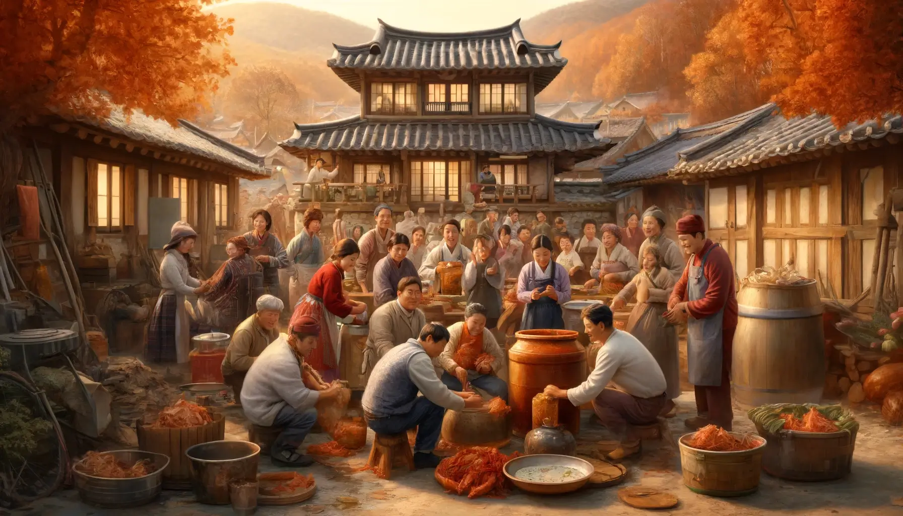 김장 중에 전통적인 한국 마을 풍경