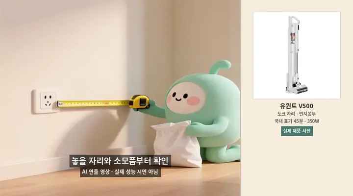 유원트 V500 도크 자리와 먼지봉투 소모품을 확인하는 AI 연출 애니메이션과 실제 제품 사진