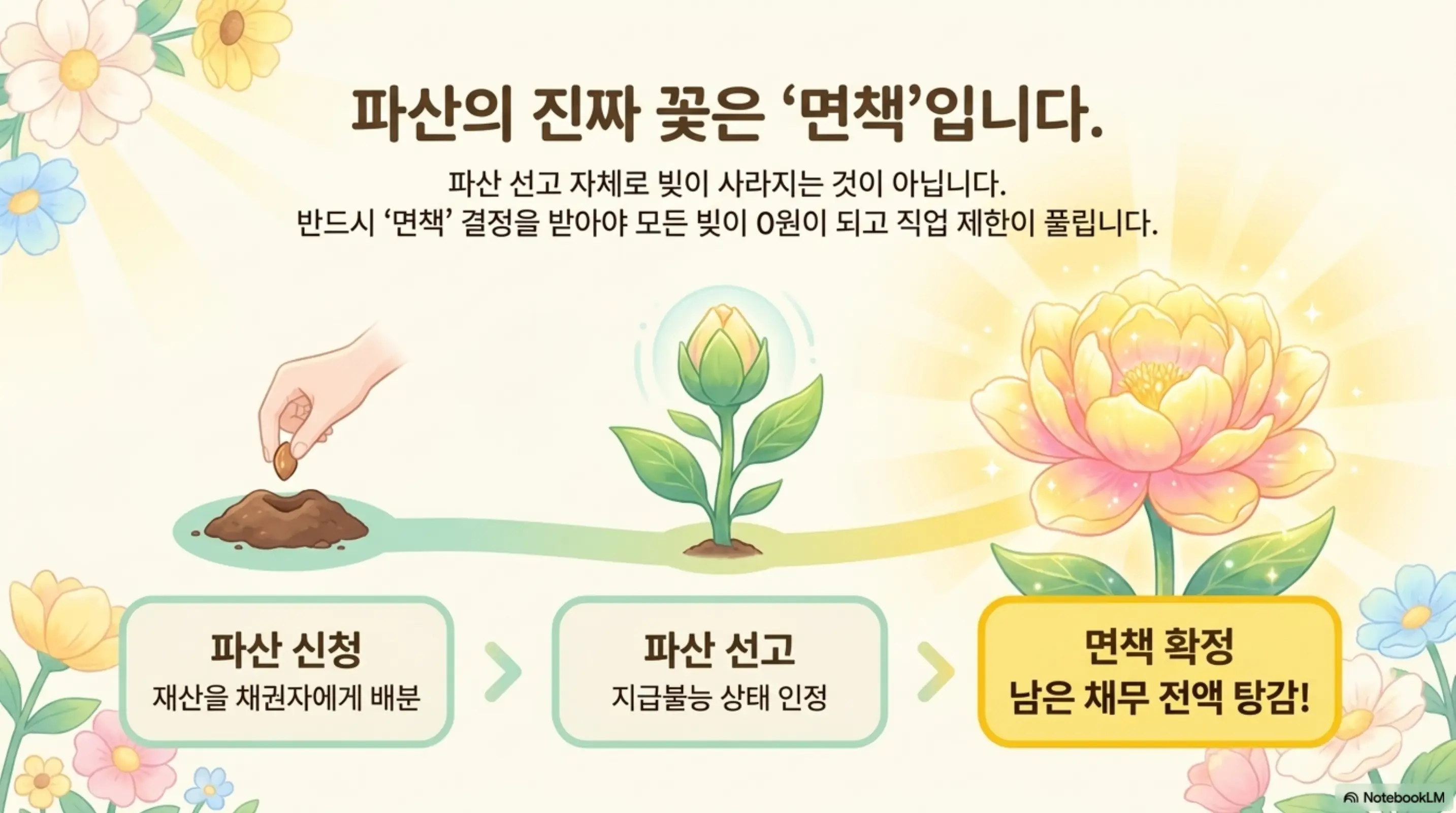 개인회생 vs 개인파산: 파산의 진짜 꽃은 &amp;#39;면책&amp;#39;입니다. 파산 선고 자체로 빚이 사라지는 것이 아니라 반드시 면책 결정을 받아야 모든 빚이 0원이 되고 직업 제한이 풀리는 파산 신청&rarr;파산 선고&rarr;면책 확정 3단계 절차를 꽃 성장 비유로 설명하는 인포그래픽 이미지 