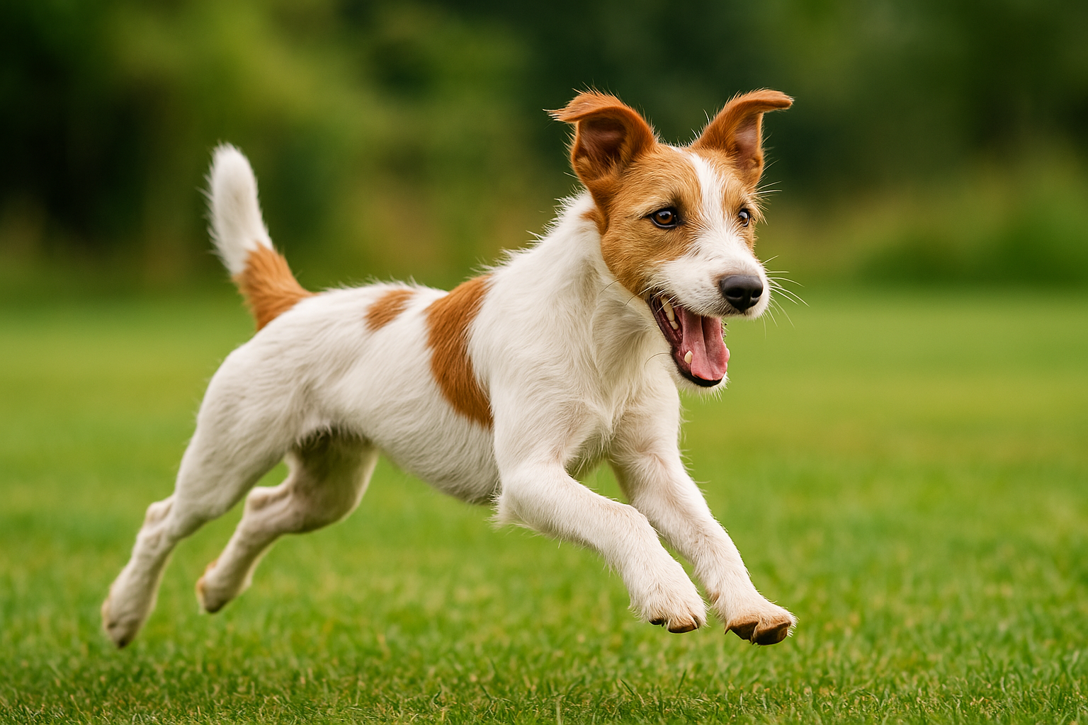 활동량 최강이라고 불리는 파슨 러셀 테리어가 잔디밭에서 뛰는 모습이 담겨있음.
