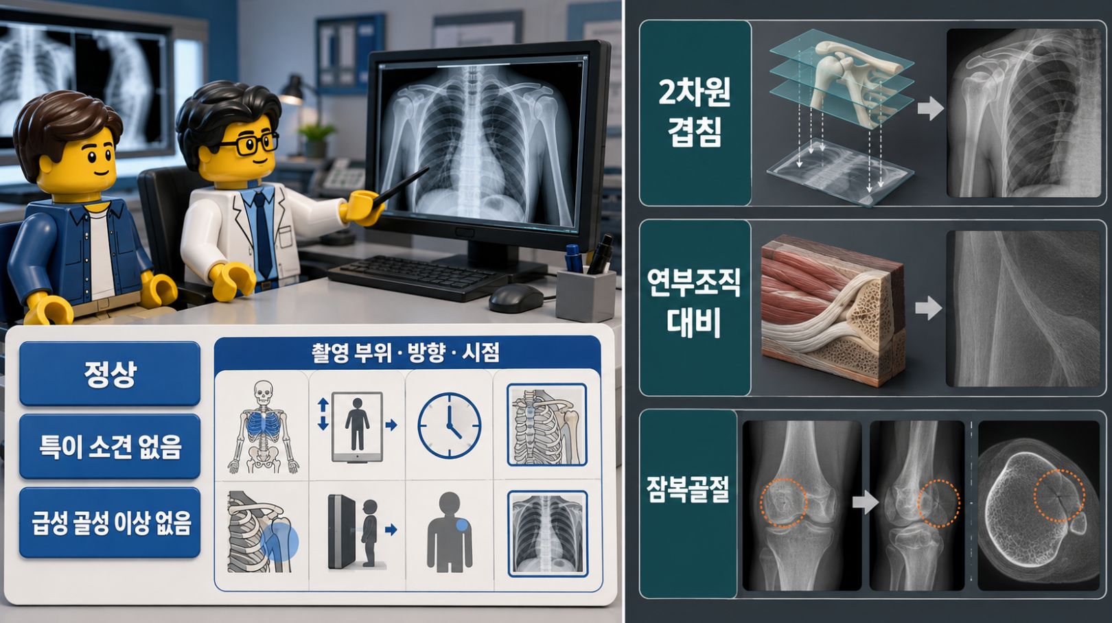정상 X-ray 판독 문구의 의미와 2차원 겹침, 연부조직 대비, 잠복골절의 한계를 설명하는 의료 인포그래픽