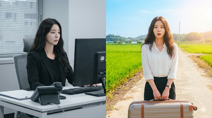 (좌) 무채색 정장을 입고 텅 빈 눈으로 모니터를 보는 윤봄. (우) 신수읍에 도착해 짐가방을 들고 난감해하는 윤봄과 그 뒤로 보이는 초록색 논밭의 색감 대비.
