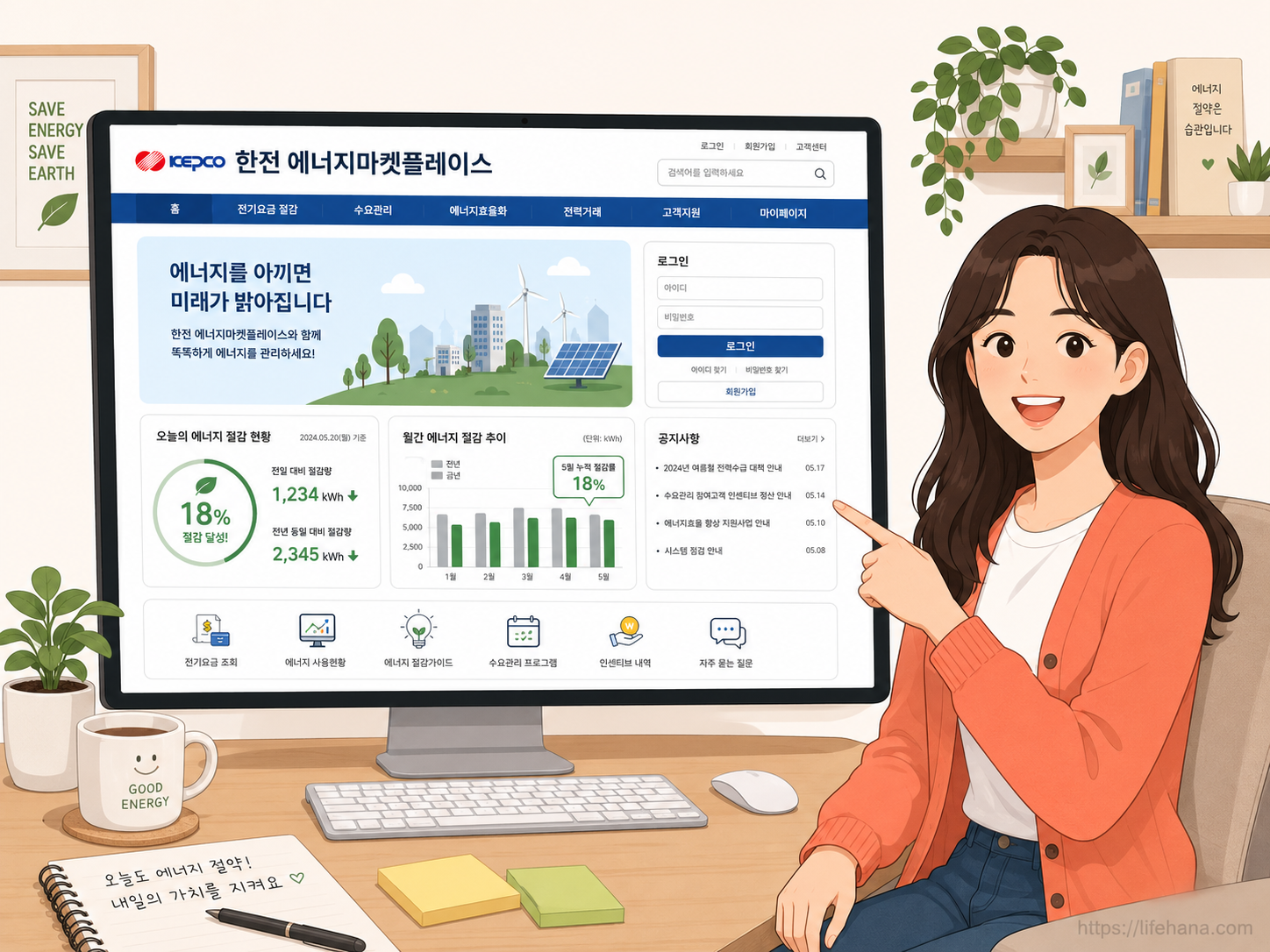 한전 에너지마켓플레이스 홈페이지 메인 화면과 캐시백 개편 안내를 확인하는 따뜻한 코랄 톤의 에디터 인포그래픽