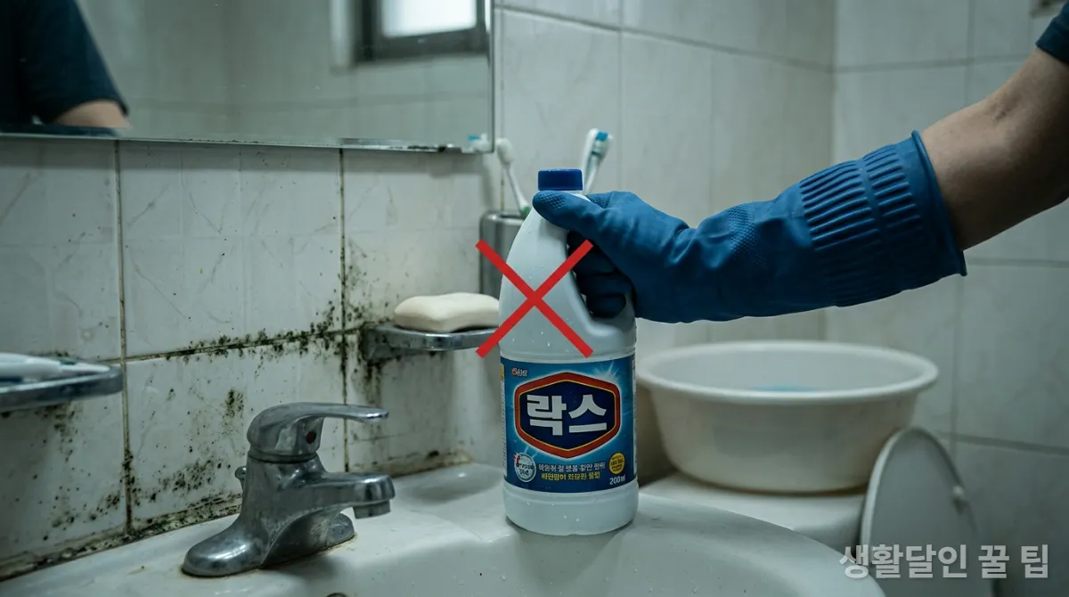 락스 병과 곰팡이 핀 욕실 타일, 락스 사용의 위험성을 경고하는 이미지