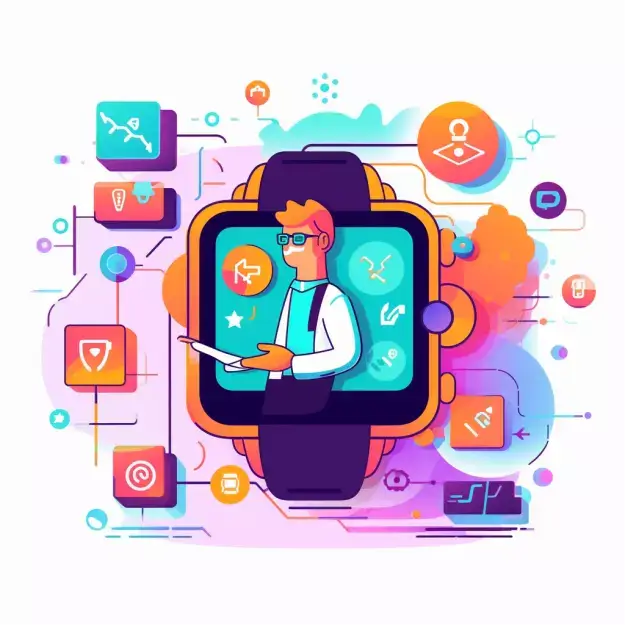 Illustration showing integration of smartwatches with healthcare&#44; featuring activity tracking&#44; remote monitoring&#44; data security&#44; and future AI and IoT trends.