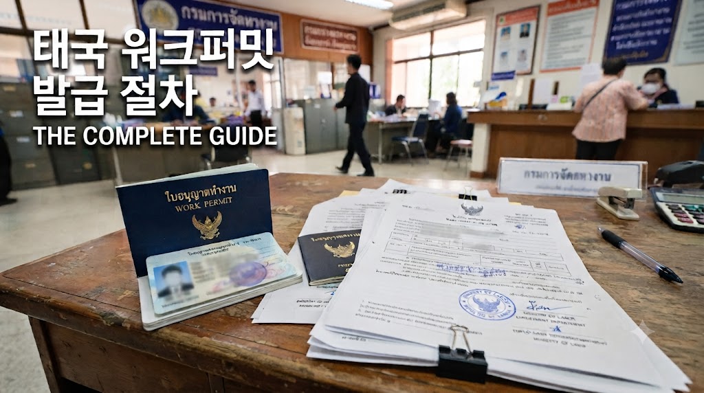 태국 노동청 책상 위에 놓인 파란색 워크퍼밋 수첩과 복잡한 영문, 태국어 서류 뭉치들