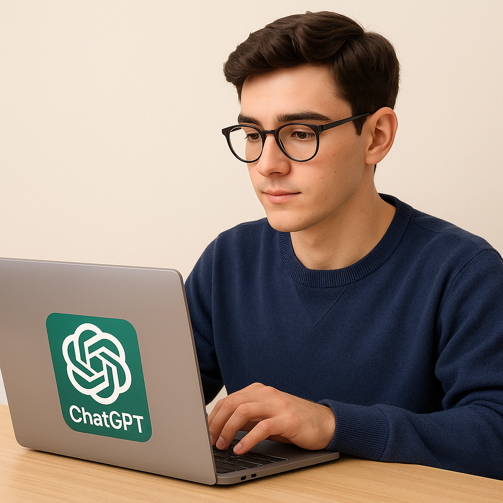 안경 쓴 남자가 노트북으로 무언 갈 활용하고 있다. 노트북 윗면에는 Chat GPT로고가 붙어있다.