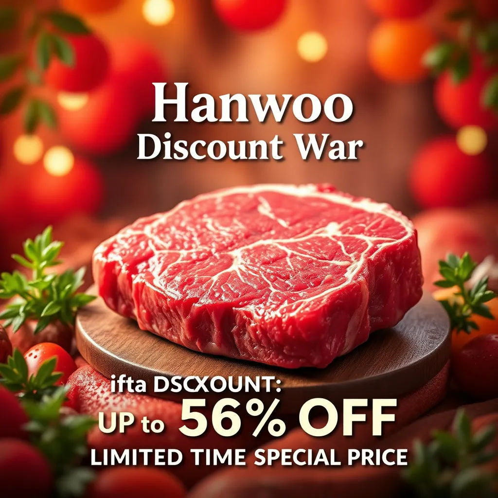 먹음직스러운 최상급 한우 구이가 중앙에 배치되어 있고, '한우 할인 대전', '최대 50% 할인', '기간 한정 특가'와 같은 문구가 고급스러운 글씨체로 강조되어 있습니다. 전체적으로 활기차고 풍성한 분위기로 디자인되어 독자의 시선을 사로잡을 수 있도록 합니다.