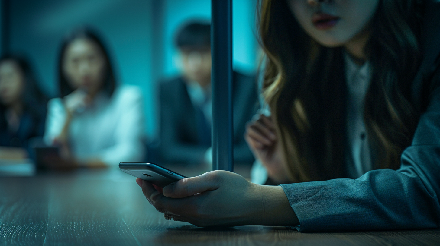 회의 중 몰래 녹음하는 손을 클로즈업