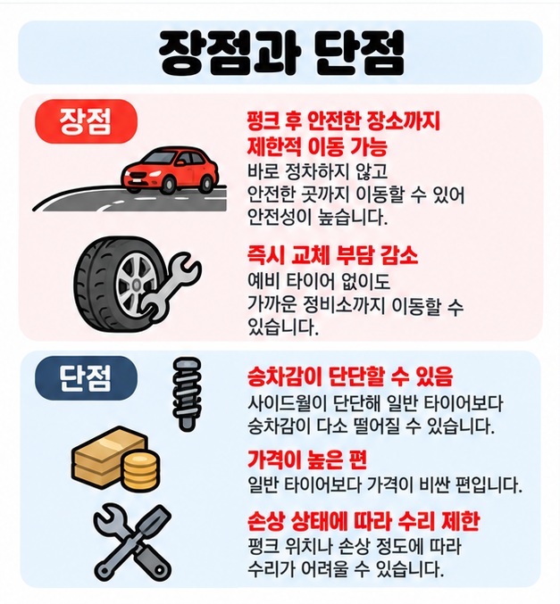 펑크 후 일정 거리 이동 가능과 승차감 가격 수리 제한 등 런플랫 타이어 장단점을 비교해 보여주는 카드