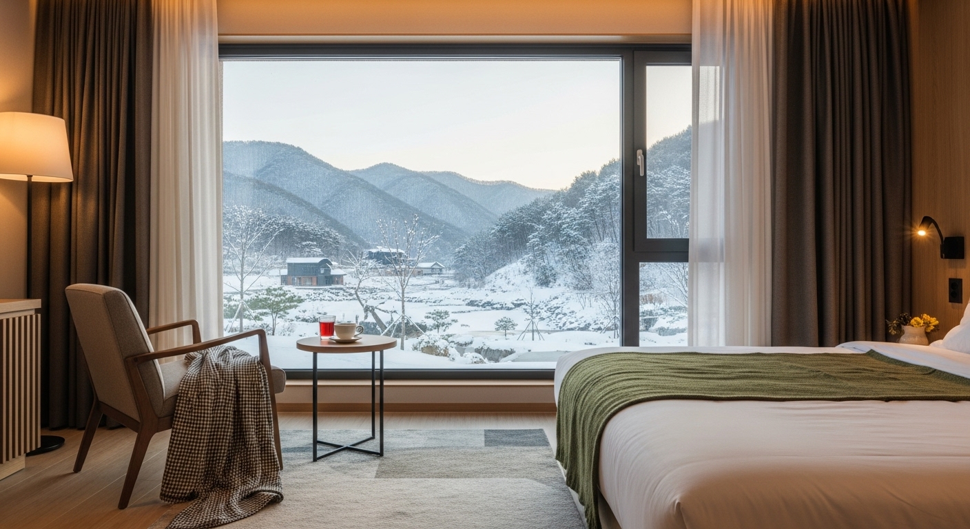 눈 덮인 산이 보이는 창가에 따뜻한 침대가 놓인 아늑한 리조트 객실 내부. 겨울 여행의 포근하고 편안한 휴식을 상징한다.