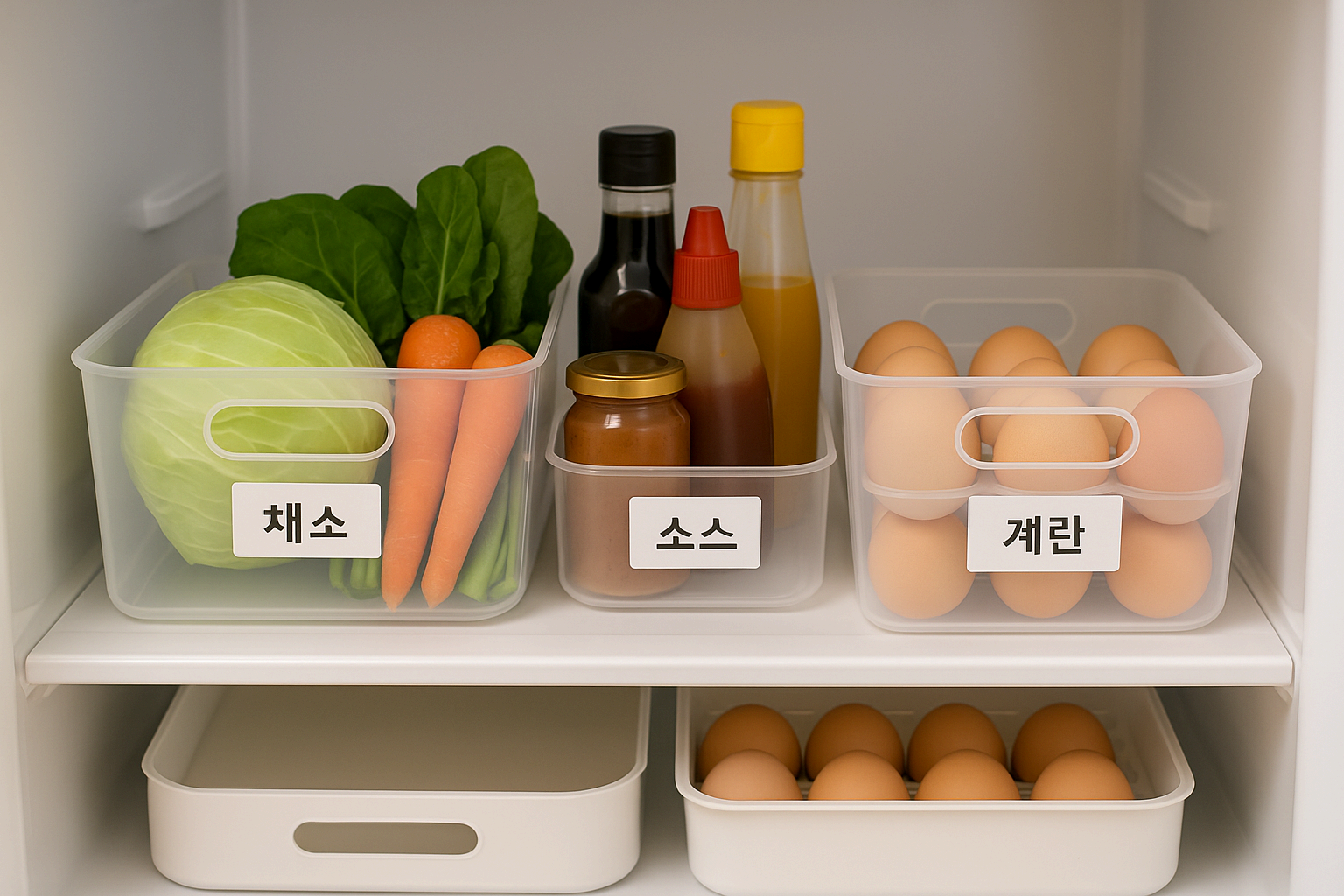 투명 정리함으로 깔끔하게 정리된 냉장고