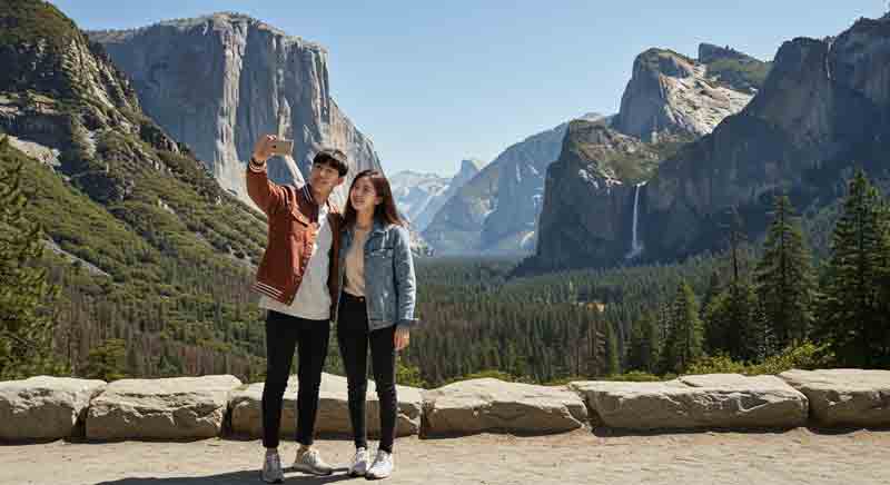 요세미티 계곡을 배경으로 셀카를 찍고 있는 젊은이들