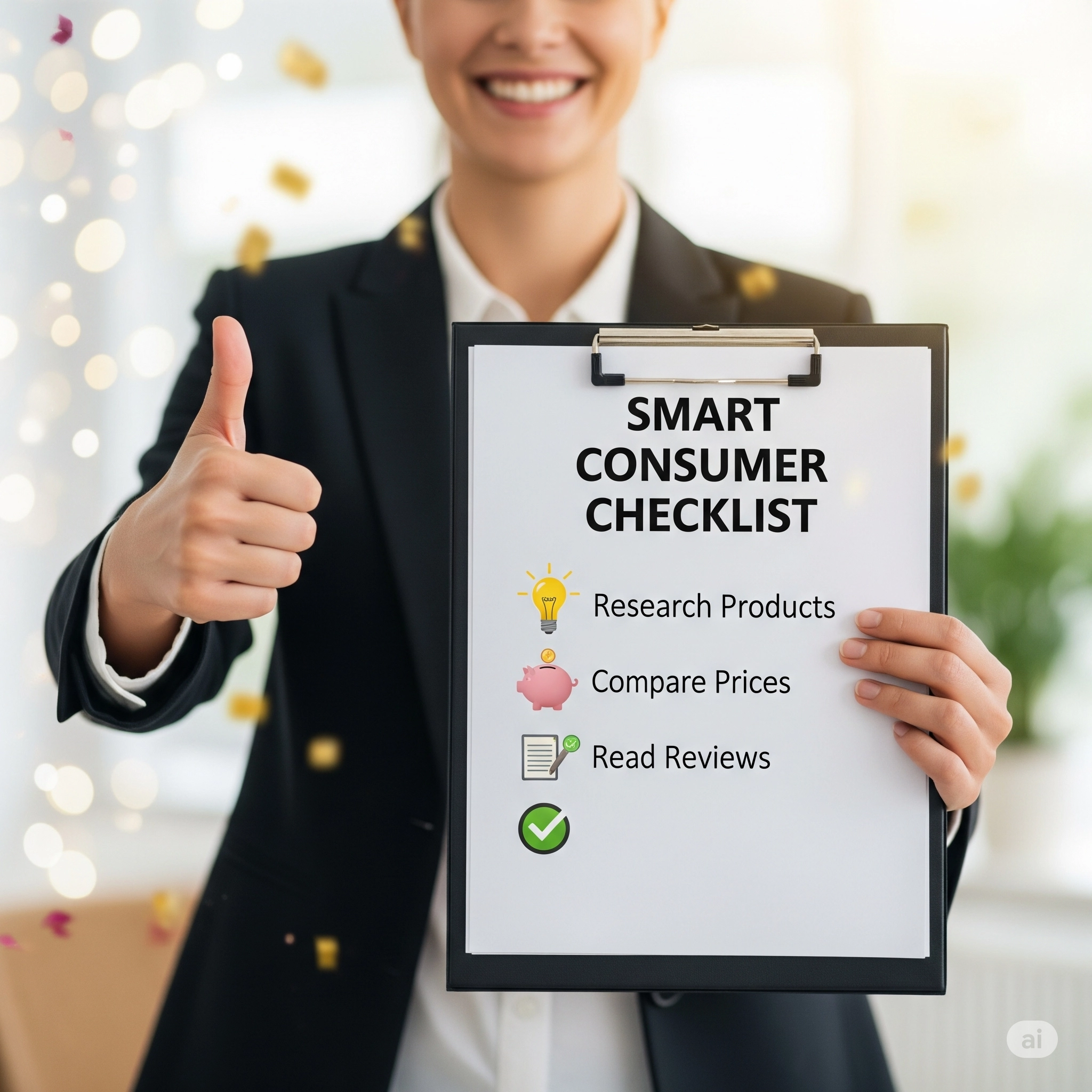 한 여성이 '스마트 컨슈머 체크리스트'가 적힌 클립보드를 들고 만족스럽게 엄지손가락을 올리고 있는 이미지