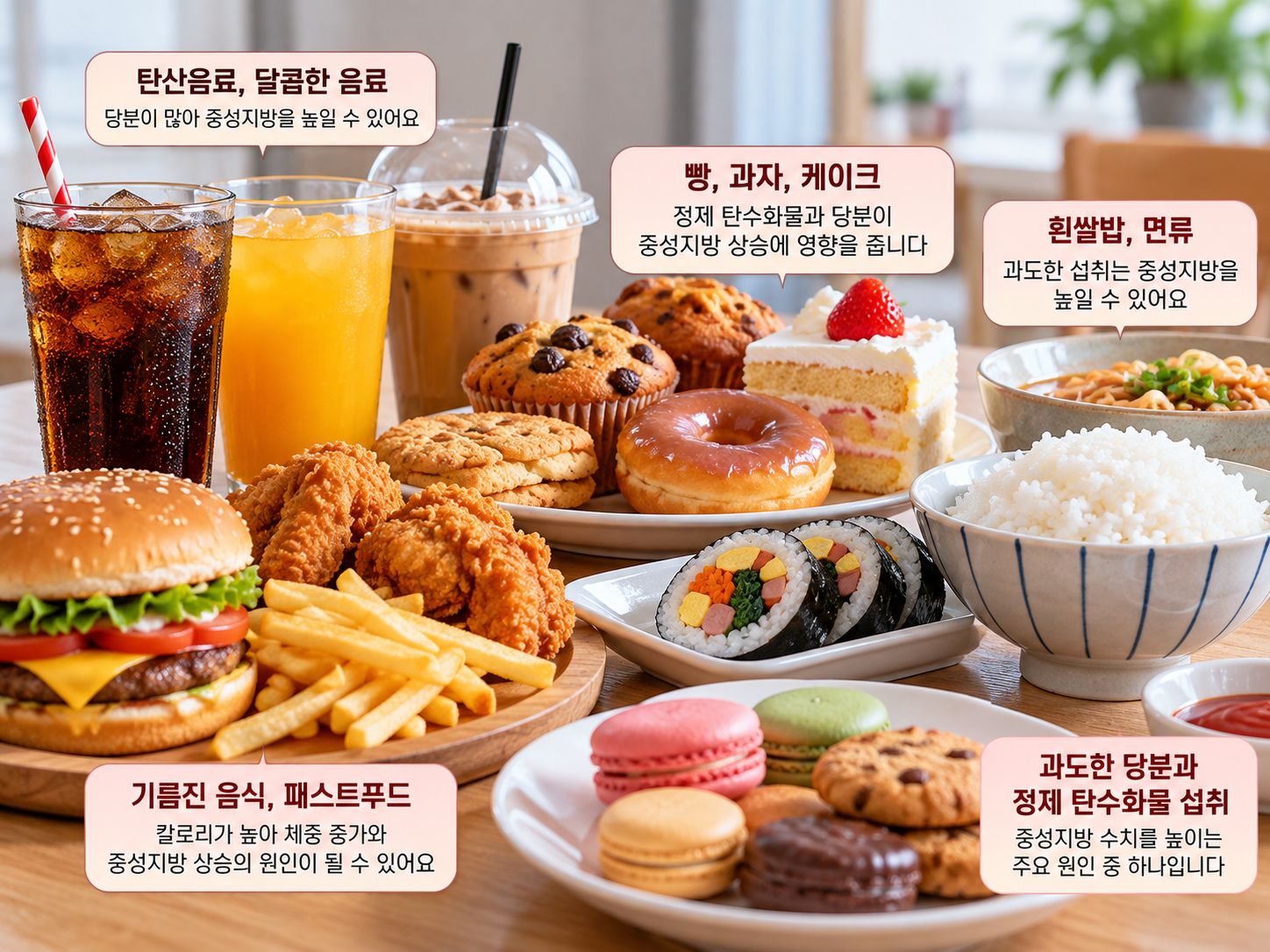 단 음료와 빵, 흰쌀밥 등 중성지방 상승에 영향을 줄 수 있는 식습관을 보여주는 이미지