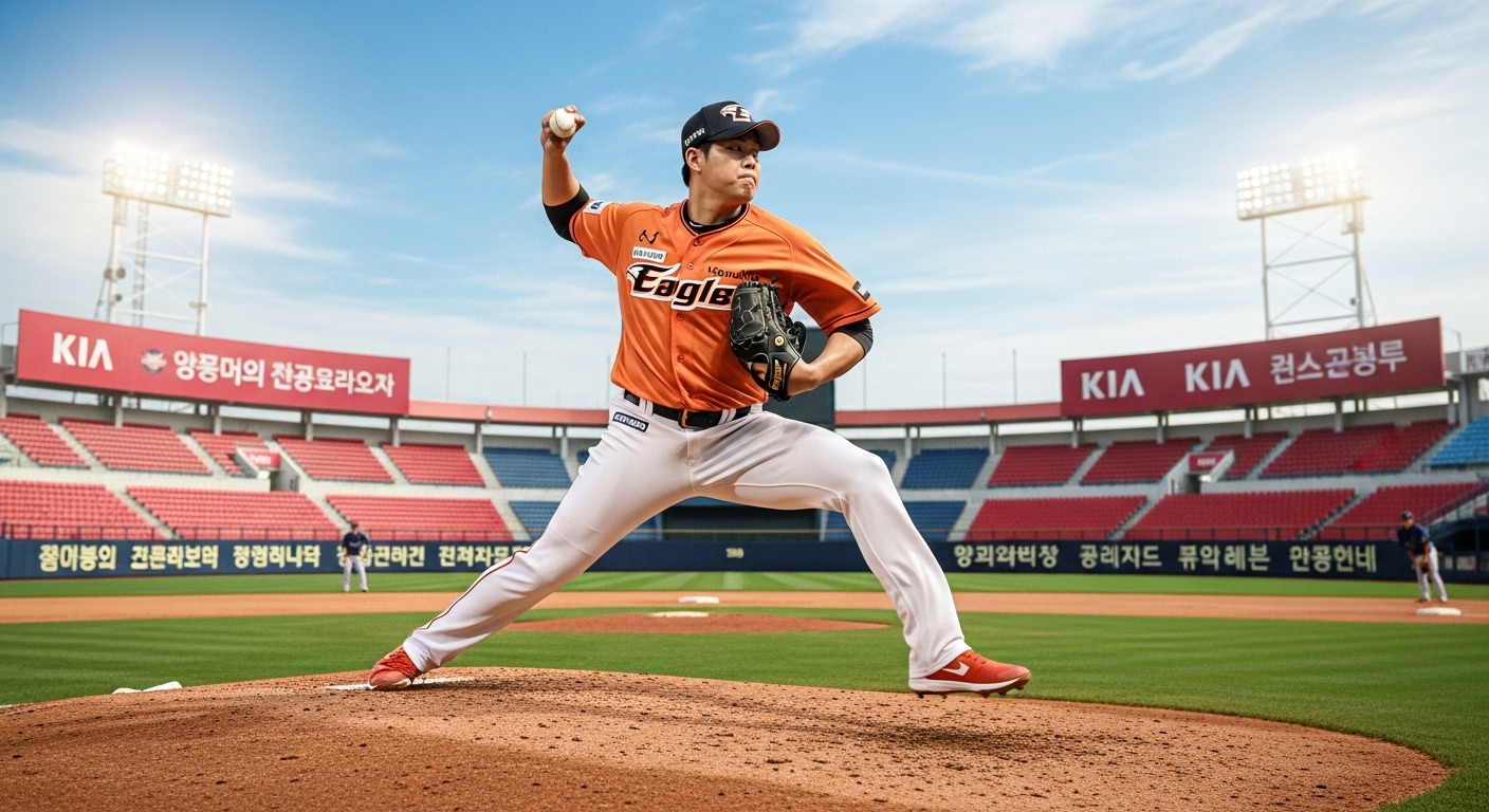 한화 이글스 유니폼을 입고 역동적으로 투구하는 양수호 선수의 모습.