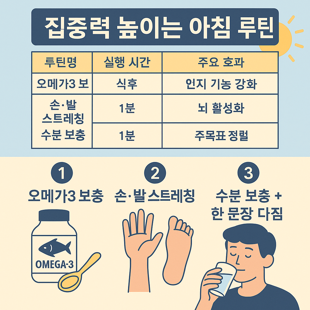 집중력을 높이기 위한 아침 루틴을 소개하는 한국어 인포그래픽으로, 오메가3 보충, 손과 발 스트레칭, 수분 섭취와 다짐 문구 루틴이 강조된 플랫 스타일 일러스트