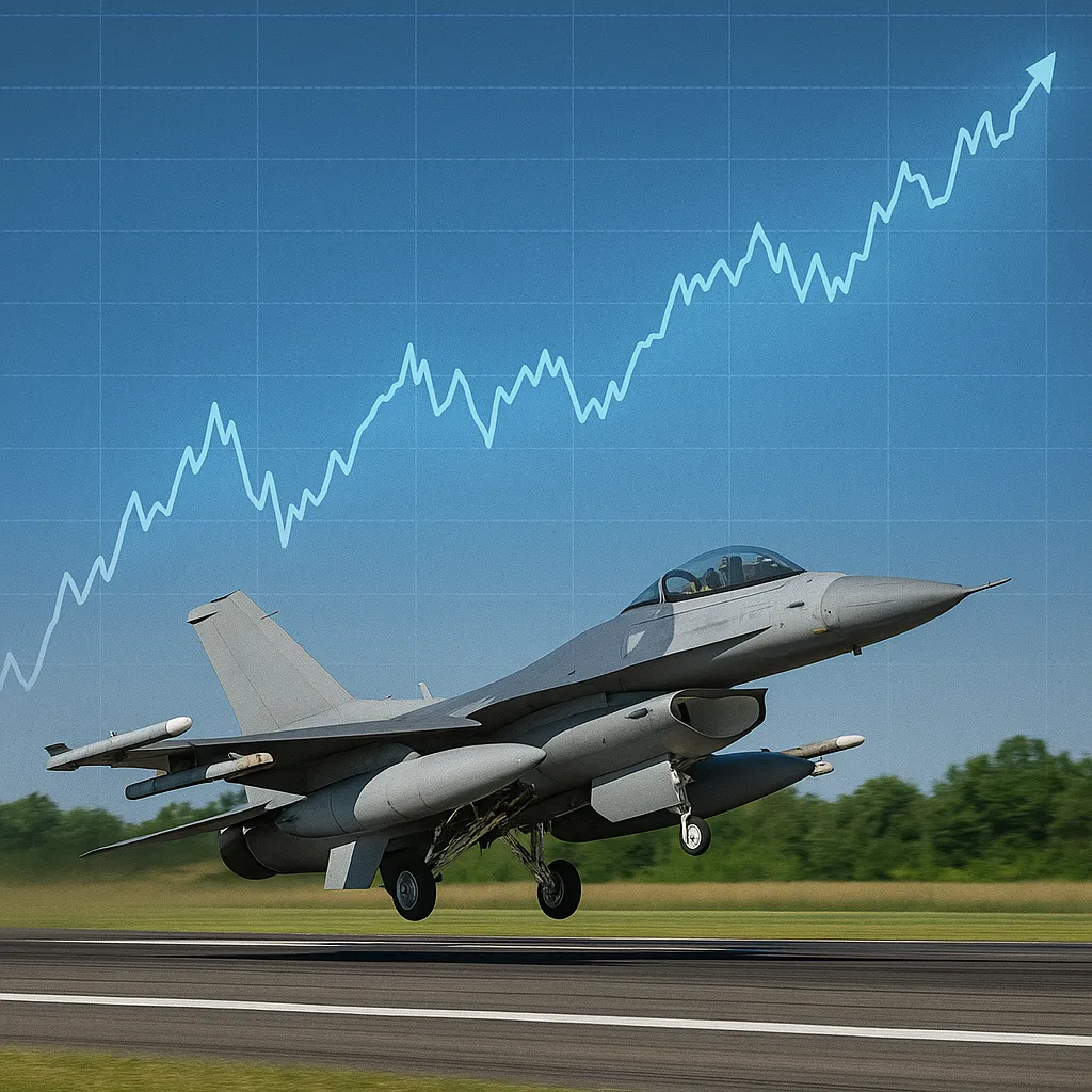 이륙 중인 전투기 위로 주식 그래프가 겹쳐진 장면