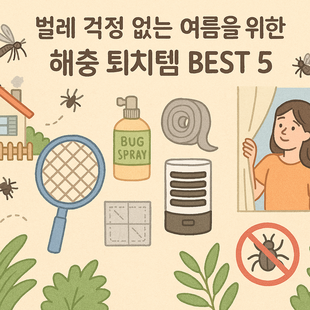 벌레 걱정 없는 여름을 위한 해충 퇴치템 5가지를 소개하는 감성 일러스트. 모기채, 버그 스프레이, 방충망 보수 패치, 전자 해충기, 문풍지 등과 함께 미소 짓는 여성이 창문을 열고 있는 장면이 담겨 있다.