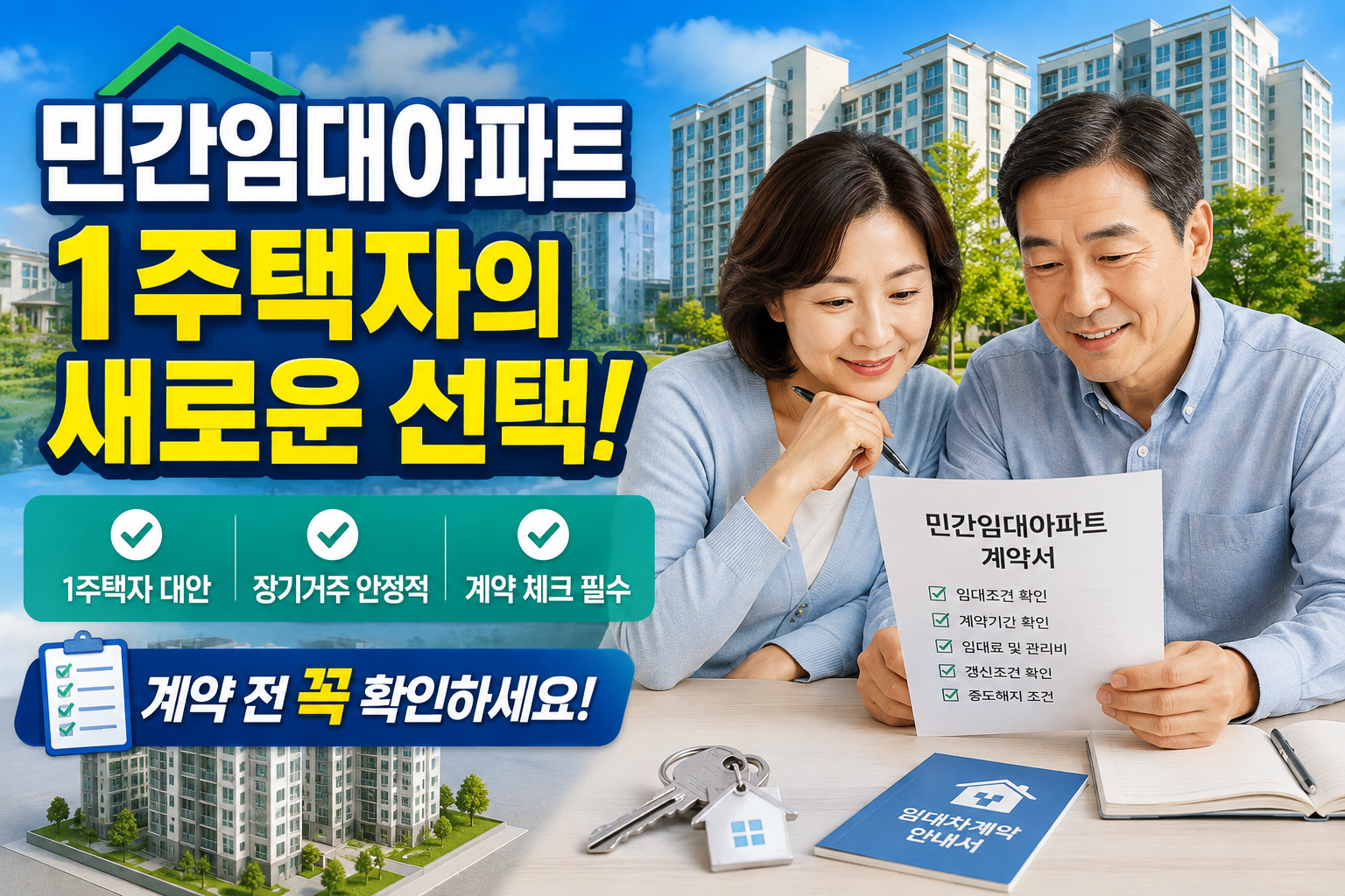 민간임대아파트를 알아보는 1주택자 부부와 아파트 단지 전경, 장기거주와 안정적인 주거 계획을 설명하는 이미지