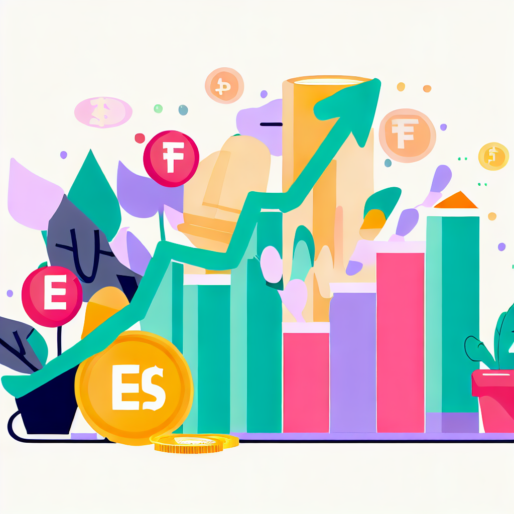 Design a flat vector style image of a growing portfolio with ETFs and index funds for long-term financial success.