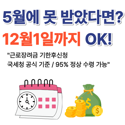 근로장려금 정기신청을 놓치셨다면 12월 1일까지 기한후신청이 가능합니다. 자격 조건, 지급액, 감액 기준(5%), 홈택스 신청방법까지 한 번에 정리했습니다.