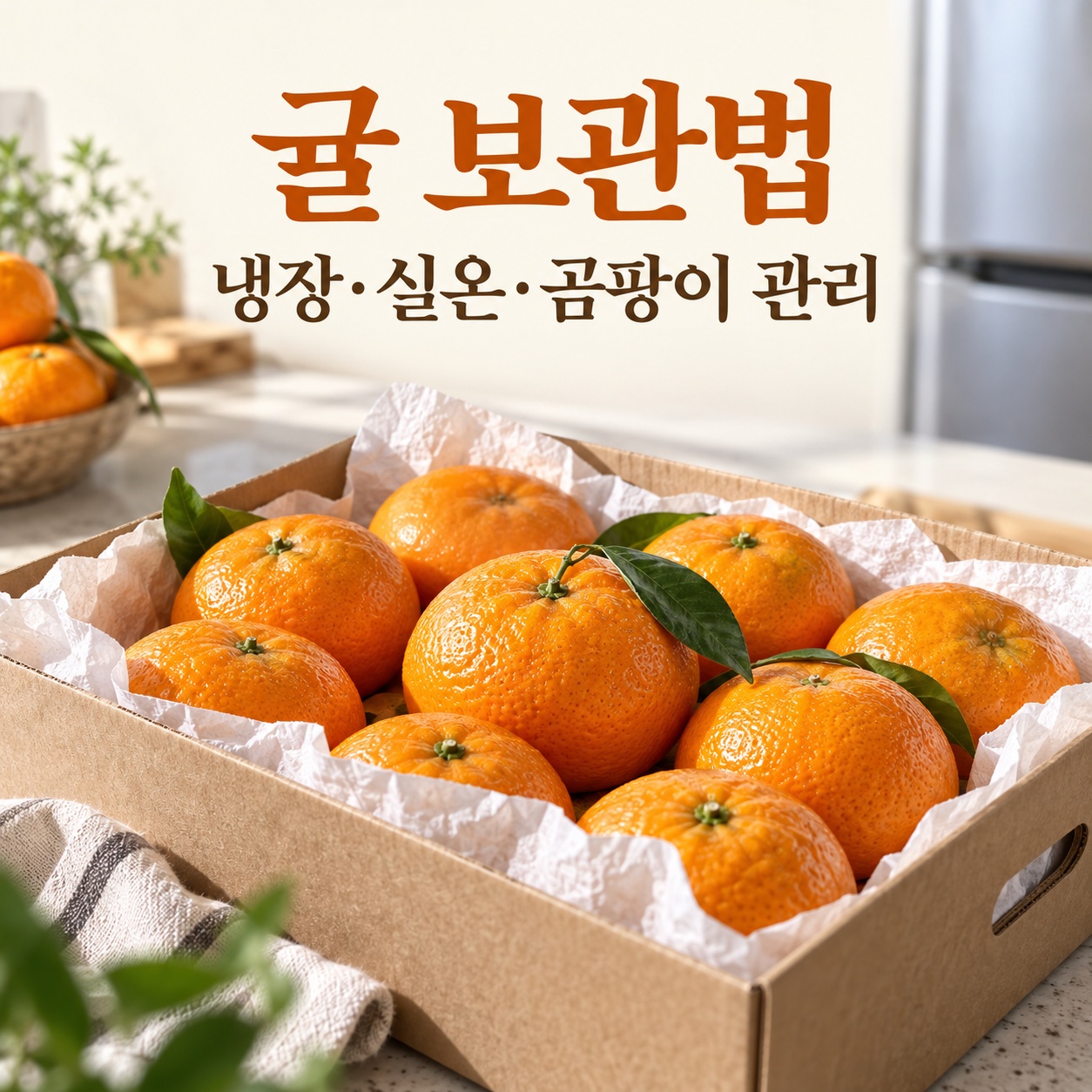 키친타월을 깐 열린 종이 상자에 귤을 띄엄띄엄 담은 교육용 일러스트