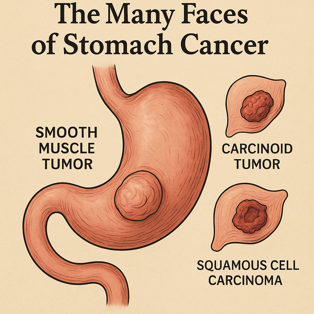 (Smooth Muscle Tumor
→ 평활근육종 (또는 위장관 기질종양, GIST)
Carcinoid Tumor
→ 카르시노이드 종양 (신경내분비 세포에서 발생)
Squamous Cell Carcinoma
→ 편평세포암 (위에서는 매우 드문 암 유형)